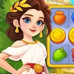 Một nhân vật hoạt hình nữ đứng bên cạnh bảng trò chơi chứa các biểu tượng như lọ, đồng xu, hòn đá quý, ô liu và mũ đỏ