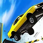 Một chiếc xe hơi màu vàng đang bay lên không trung với nền trời xanh và một con đường dốc phía sau