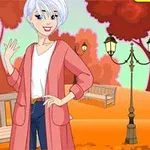 Nhân vật hoạt hình với tóc trắng ngắn, mặc áo khoác hồng và đứng trong công viên với cây cối lá đỏ và ghế gỗ xung quanh