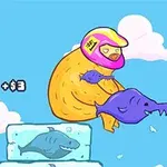 Một nhân vật đội mũ bảo hiểm màu hồng đang cưỡi cá màu tím trên nền trời xanh với đám mây trắng