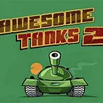 Một chiếc xe tăng màu xanh lá cây với ống pháo nổi bật trên nền xanh, có chữ AWESOME TANKS 2 phía trên