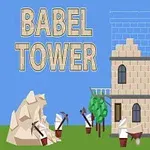 Hình ảnh gồm chữ BABEL TOWER, một tòa nhà đang được xây dựng, công nhân làm việc và một tháp giàn giáo trên nền trời xanh