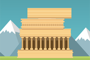 Đền thờ Hy Lạp cổ đại với cột trụ doric, ở phía trước có hình ảnh núi và bầu trời xanh