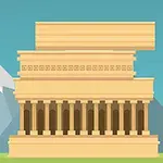 Đền thờ Hy Lạp cổ đại với cột trụ doric, ở phía trước có hình ảnh núi và bầu trời xanh