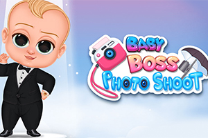 Em bé mặc vest đen đứng cạnh biểu tượng máy ảnh và đèn flash, với chữ Baby Boss Photo Shoot trên nền xanh tím