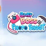 Em bé mặc vest đen đứng cạnh biểu tượng máy ảnh và đèn flash, với chữ Baby Boss Photo Shoot trên nền xanh tím