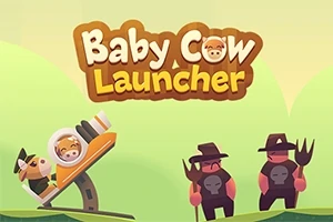 Một con bò nhỏ trong máy phóng và hai người đàn ông cầm đinh ba đứng bên cạnh với tên Baby Cow Launcher ở trên