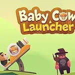 Một con bò nhỏ trong máy phóng và hai người đàn ông cầm đinh ba đứng bên cạnh với tên Baby Cow Launcher ở trên