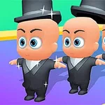 Ba nhân vật hoạt hình đầu trọc mắt to mặc vest đen và đội mũ chóp cao đang đứng trên nền màu sắc sặc sỡ