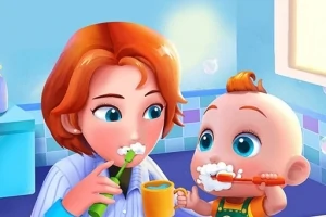 Một người lớn và em bé đang đánh răng cùng nhau trong phòng tắm, với bọt kem đánh răng trên miệng