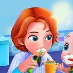 Một người lớn và em bé đang đánh răng cùng nhau trong phòng tắm, với bọt kem đánh răng trên miệng