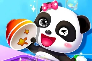 Gấu trúc hoạt hình đội nơ hồng cầm bát màu cam, tạo dáng vui tươi với nền xanh và bong bóng xung quanh