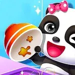 Gấu trúc hoạt hình đội nơ hồng cầm bát màu cam, tạo dáng vui tươi với nền xanh và bong bóng xung quanh