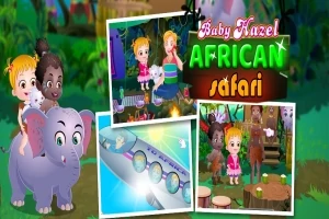 Hình ảnh hiển thị ba đứa trẻ cưỡi voi, với chữ Baby Hazel African Safari ở phía trên và một số cảnh nhỏ khác bao gồm trẻ em chơi và cảnh thiên nhiên