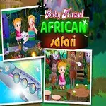 Hình ảnh hiển thị ba đứa trẻ cưỡi voi, với chữ Baby Hazel African Safari ở phía trên và một số cảnh nhỏ khác bao gồm trẻ em chơi và cảnh thiên nhiên