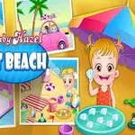 Hình ảnh hiển thị một bé gái chơi đùa trên bãi biển với ô che nắng, đồ chơi và bánh ngọt, kèm theo biển hiệu Baby Hazel at Beach