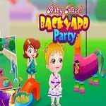 Trẻ em chơi trò đập phá pinata trong bữa tiệc ngoài sân với nền xanh lá cây sáng và nhiều vật dụng trang trí đầy màu sắc