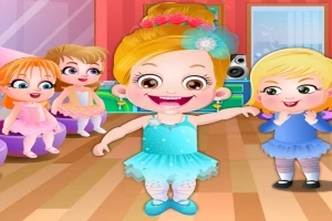 Bốn bé gái mặc trang phục múa ba lê trong một phòng tập với sàn gỗ và gương lớn