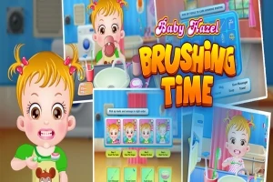 Hình ảnh một em bé với tóc vàng đang đánh răng, xung quanh là giao diện và biểu tượng liên quan đến việc chăm sóc răng miệng
