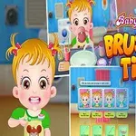 Hình ảnh một em bé với tóc vàng đang đánh răng, xung quanh là giao diện và biểu tượng liên quan đến việc chăm sóc răng miệng