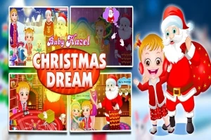 Hình ảnh gồm một bé gái và ông già Noel vui vẻ trong trang phục lễ Giáng Sinh, cùng với các khung cảnh vui nhộn khác nhau liên quan đến chủ đề Giáng Sinh