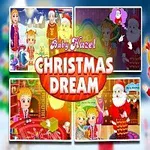 Hình ảnh gồm một bé gái và ông già Noel vui vẻ trong trang phục lễ Giáng Sinh, cùng với các khung cảnh vui nhộn khác nhau liên quan đến chủ đề Giáng Sinh