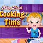Một em bé tóc vàng trong bếp, đứng trước bàn có nhiều nguyên liệu nấu ăn, với dòng chữ Cooking Time
