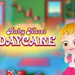 Hình ảnh có hai em bé đang ở trong một phòng chơi màu sắc rực rỡ, với chữ Baby Hazel Daycare ở giữa