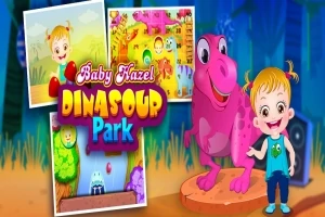 Hình ảnh một em bé đứng cạnh khủng long màu hồng, với bảng tên Baby Hazel Dinosaur Park và ba hình ảnh nhỏ hiển thị cảnh khác nhau