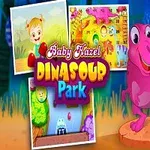 Hình ảnh một em bé đứng cạnh khủng long màu hồng, với bảng tên Baby Hazel Dinosaur Park và ba hình ảnh nhỏ hiển thị cảnh khác nhau