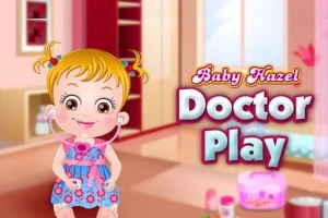 Em bé với tóc vàng và đuôi ngựa đôi cầm ống nghe trong căn phòng màu hồng với dòng chữ Baby Hazel Doctor Play