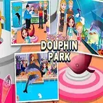 Một bé gái cười tươi đứng cạnh ba bức tranh nhỏ với khung cảnh công viên cá heo