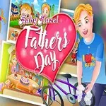 Một cô bé với quả bóng bay trái tim bên cạnh một người đàn ông đang lắp xe đạp, có bảng chữ Fathers Day trên nền trái tim lớn