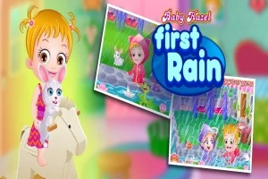 Em bé tóc vàng cưỡi ngựa đồ chơi, ôm thỏ trắng, bên cạnh là hình ảnh nhỏ của em bé đứng dưới mưa với dòng chữ first rain
