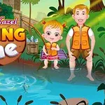 Hai đứa trẻ mặc áo phao đứng gần bờ suối, một bé gái cầm cần câu và có một giỏ cá bên cạnh