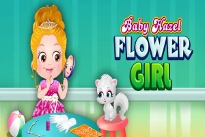 Bé gái mặc váy hồng ngồi cạnh chú mèo, cầm gương và nhìn vào gương với nền tường xanh và chữ Baby Hazel Flower Girl