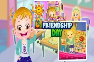 Một bé gái dễ thương cười tươi đứng trong lớp học với biển Friendship Day và hình ảnh hoạt động xung quanh