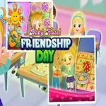 Một bé gái dễ thương cười tươi đứng trong lớp học với biển Friendship Day và hình ảnh hoạt động xung quanh