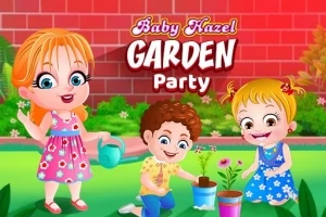 Ba đứa trẻ đang chơi và làm vườn trong sân với các chậu cây, phía sau là bức tường gạch đỏ