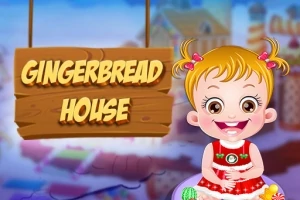 Một bé gái đáng yêu với mái tóc buộc hai chùm, mặc váy đỏ, đứng trước bảng gỗ có chữ Gingerbread House
