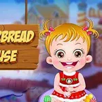 Một bé gái đáng yêu với mái tóc buộc hai chùm, mặc váy đỏ, đứng trước bảng gỗ có chữ Gingerbread House