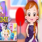 Một cô bé với mái tóc đỏ mặc váy tím đứng cạnh hai hình ảnh nhỏ, một hình ảnh có một bông hoa trên tóc cô bé và hình ảnh còn lại có một chú mèo màu vàng đeo kính râm, cùng với dòng chữ Hair Day