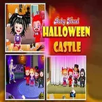 Hình ảnh có bé gái hóa trang thành ác quỷ nhỏ với nền màu sắc Halloween, kèm theo các cảnh tiệc hóa trang cho trẻ em