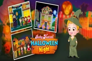 Một nhân vật trẻ em hóa trang thành phù thủy đứng bên cạnh ba bức ảnh nhỏ về cảnh Halloween và dòng chữ Halloween Night