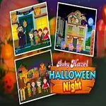 Một nhân vật trẻ em hóa trang thành phù thủy đứng bên cạnh ba bức ảnh nhỏ về cảnh Halloween và dòng chữ Halloween Night