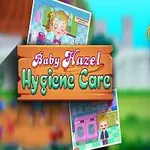 Một bé gái tóc vàng cười tươi đứng trước bảng hiệu với dòng chữ Baby Hazel Hygiene Care và có hai bức ảnh nhỏ ở phía sau