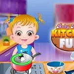 Một em bé dễ thương đang nấu ăn trong bếp với nồi trên bếp và bát trên bàn