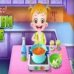 Bé gái đang nấu ăn trong bếp với nồi súp, bên cạnh là chai sữa và gia vị