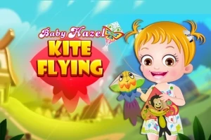 Một bé gái tóc vàng cầm diều đứng trước cảnh nền xanh với chữ Kite Flying