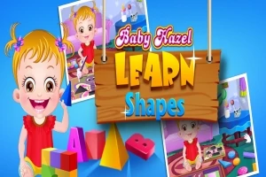 Hình ảnh bé gái tóc vàng vui vẻ với các hình khối màu sắc và bảng hiệu Learn Shapes
